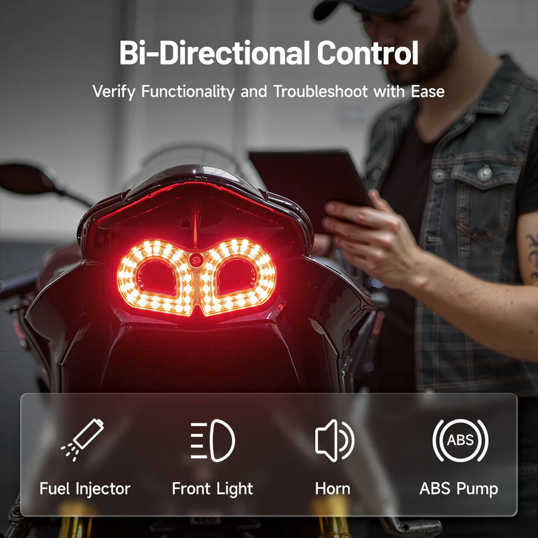Topdon ArtiDiag Moto bi-directional control features