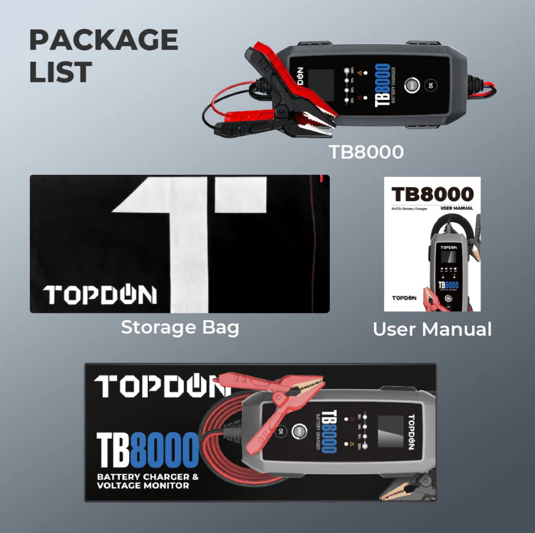Topdon TB8000 battery charger package list