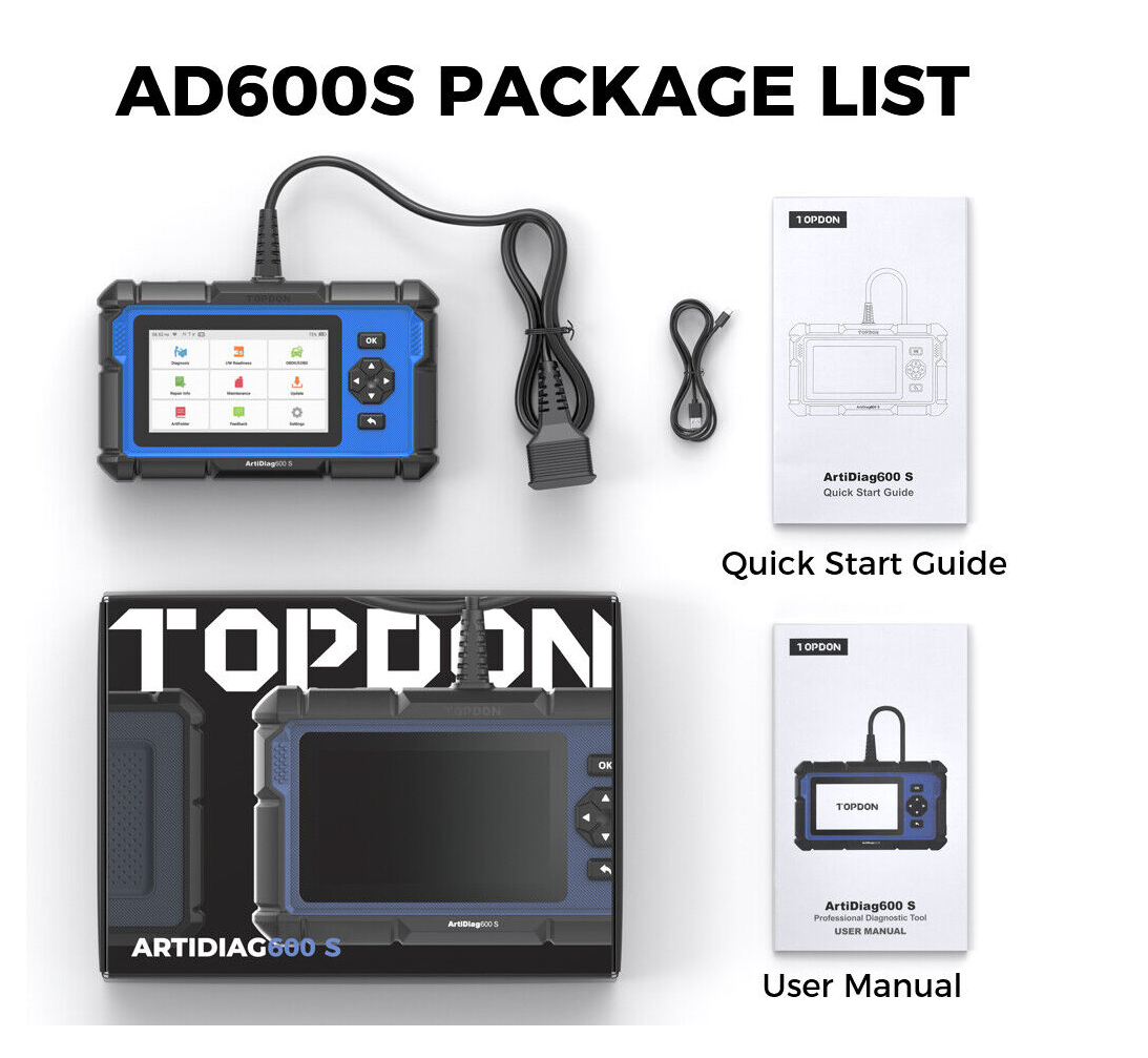 Topdon AD600S scan tool packing list