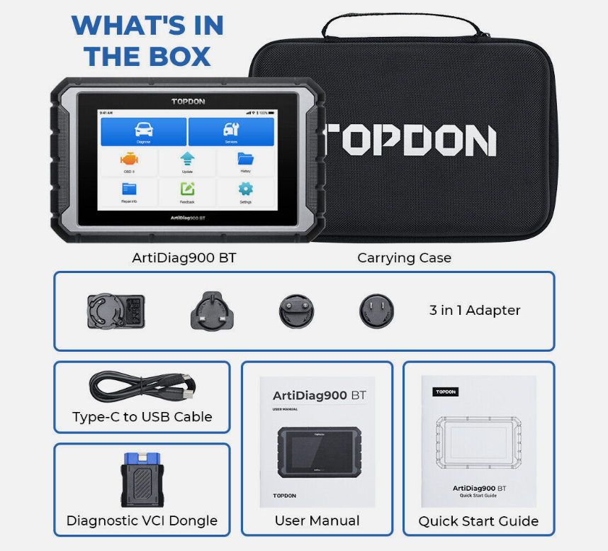 topdon artdiag900bt diagnostic scan tool packing list