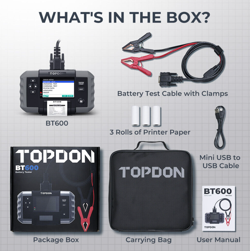 Topdon BT600 12v 24V battery tester with printer full kit 