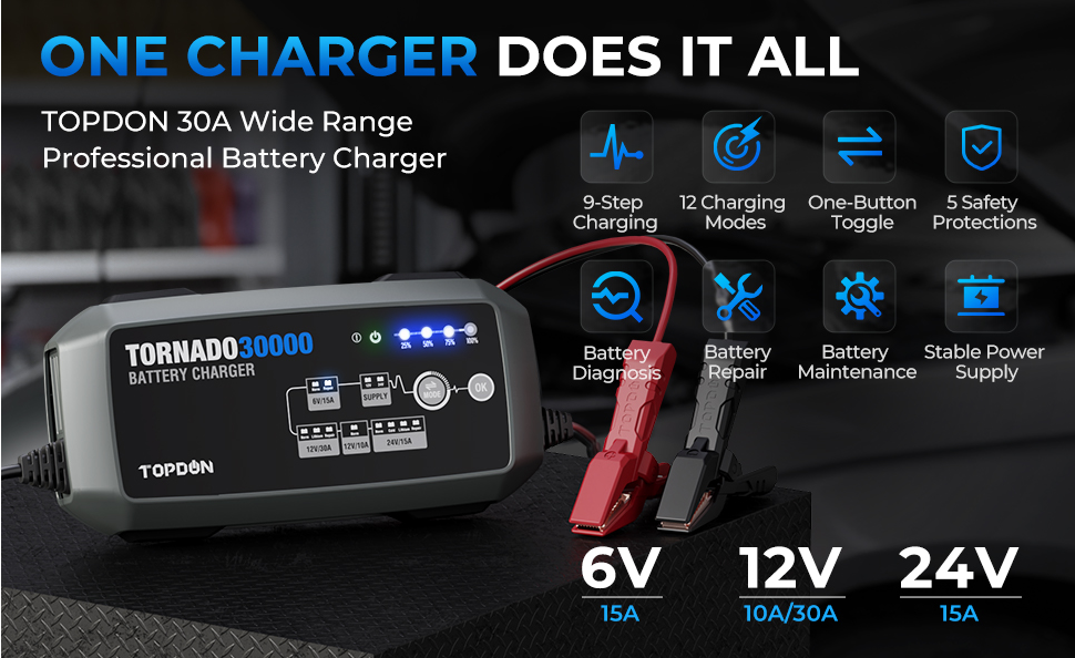 Topdon T30A Battery Charger for 6V/12V/24V
