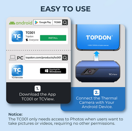 Topdon TC001 app interface and colour palette options