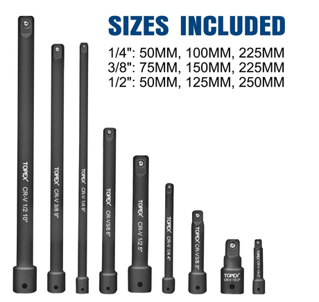 Topex extension bar set black impact socket extensions 