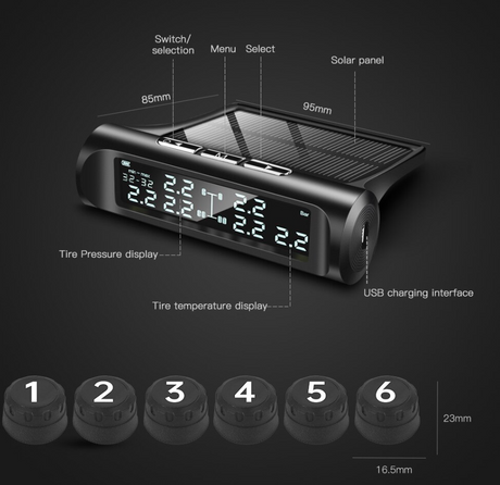 Solar powered TPMS with 6 waterproof sensors