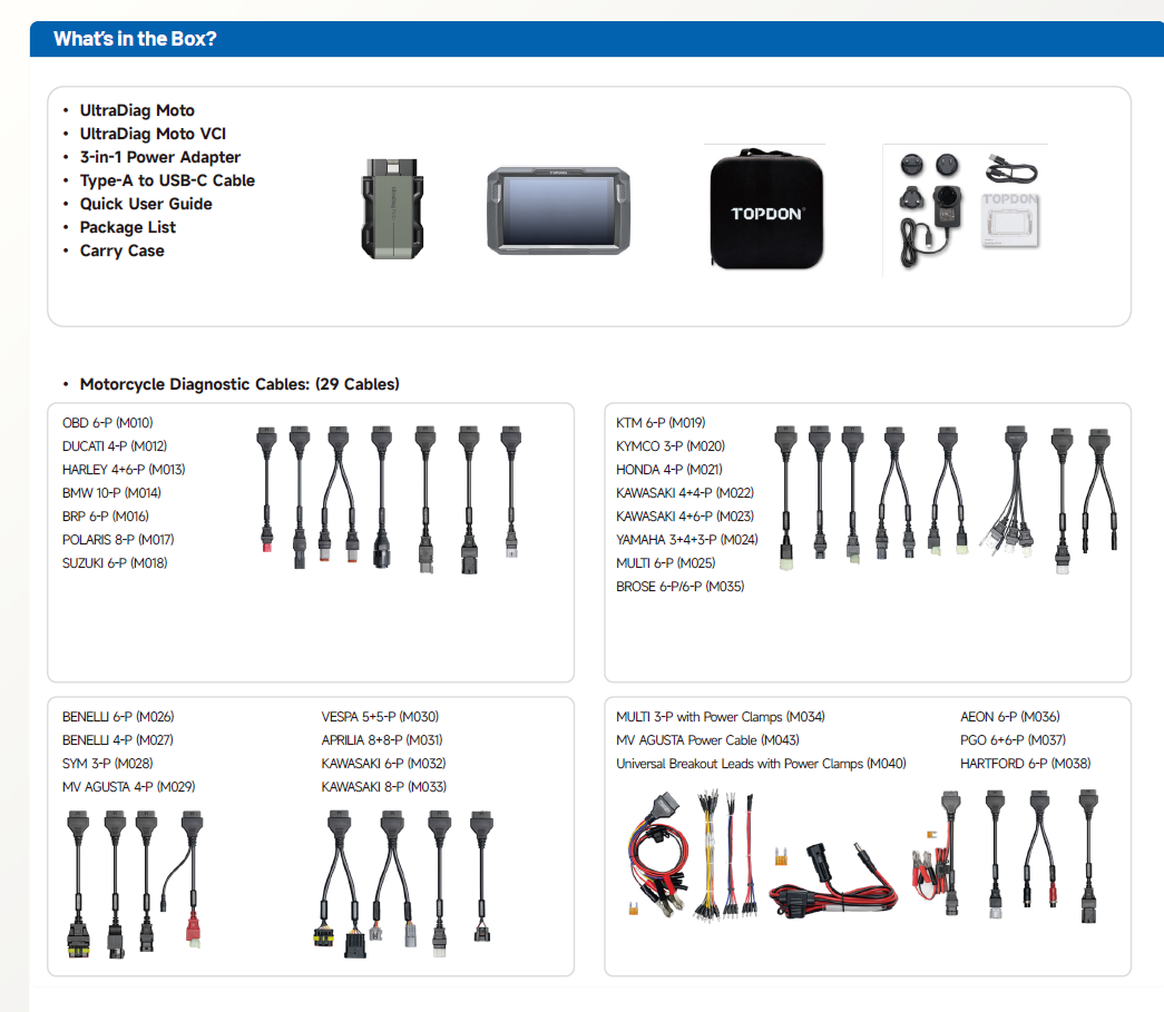 Product packaging list with diagnostic cables and accessories for Topdon UltraDiag Moto diagnostic tool