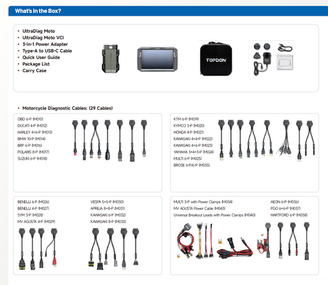 Product packaging list with diagnostic cables and accessories for Topdon UltraDiag Moto diagnostic tool