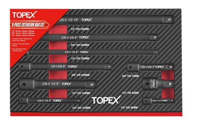 TOPEX 9 Piece Extension Bar Set 1/4" 3/8" and 1/2" Black Impact Socket Extensions