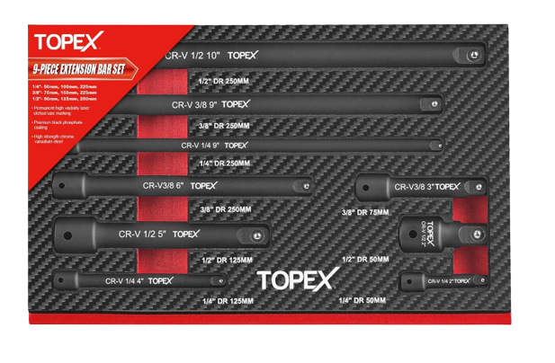 TOPEX 9 Piece Extension Bar Set 1/4" 3/8" and 1/2" Black Impact Socket Extensions