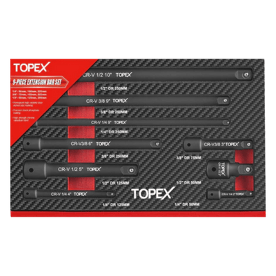 TOPEX 9 Piece Extension Bar Set 1/4" 3/8" and 1/2" Black Impact Socket Extensions